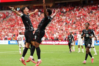 Jonathan David celebrates with teammate Stephen Eustáquio