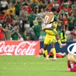 Lyle Foster celebrates with teammate Sphephelo Sithole