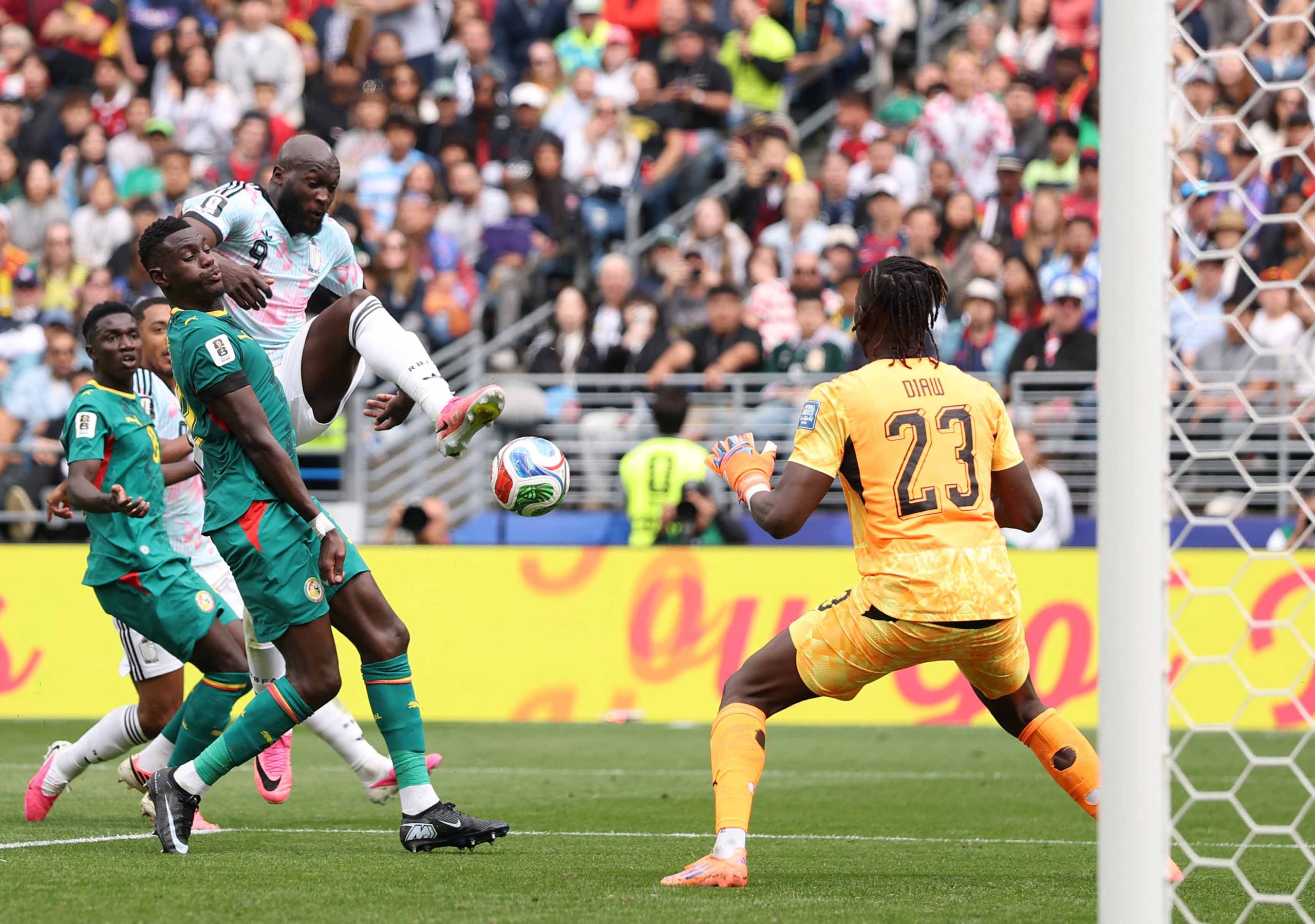 Romelu Lukaku shoots toward the Senegal goal