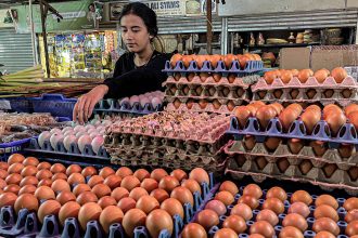A vendor sorts chicken eggs